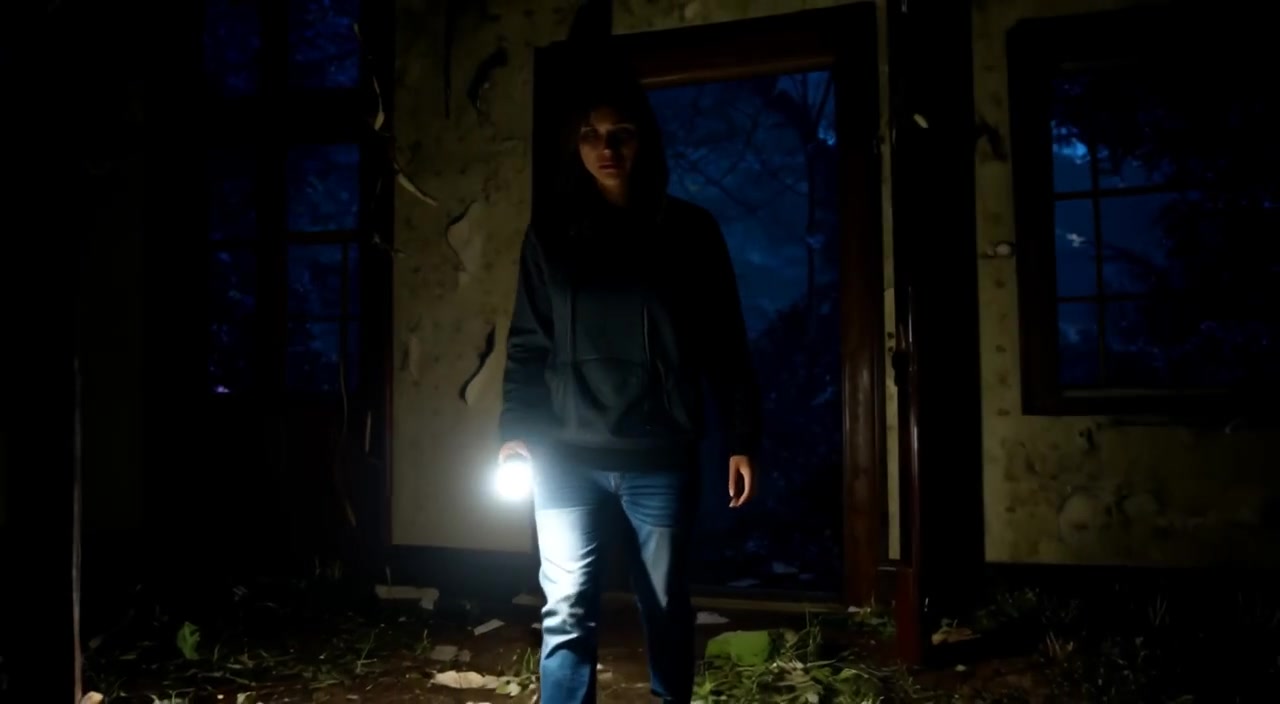 The woman cautiously steps into the dark house, flashlight beam flickering across the crumbling walls and dust particles.