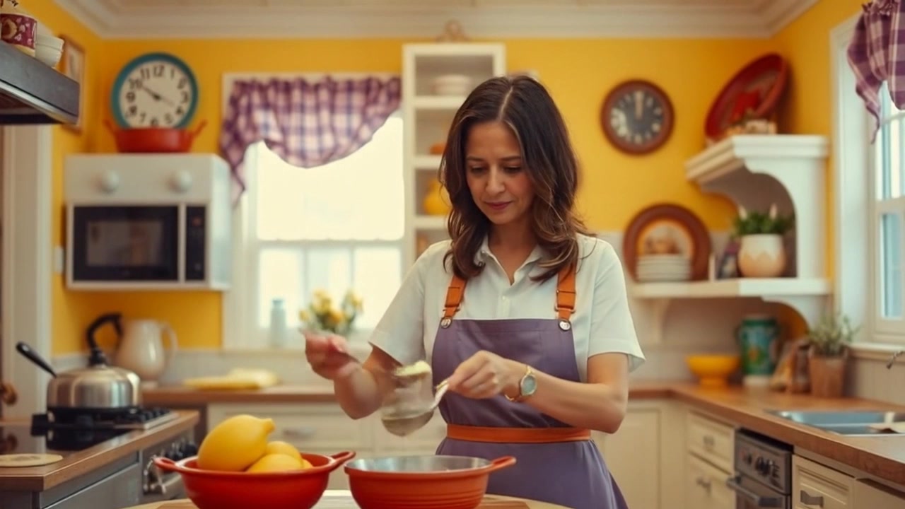 A cozy kitchen with traditional decor, a woman preparing a meal with focus.