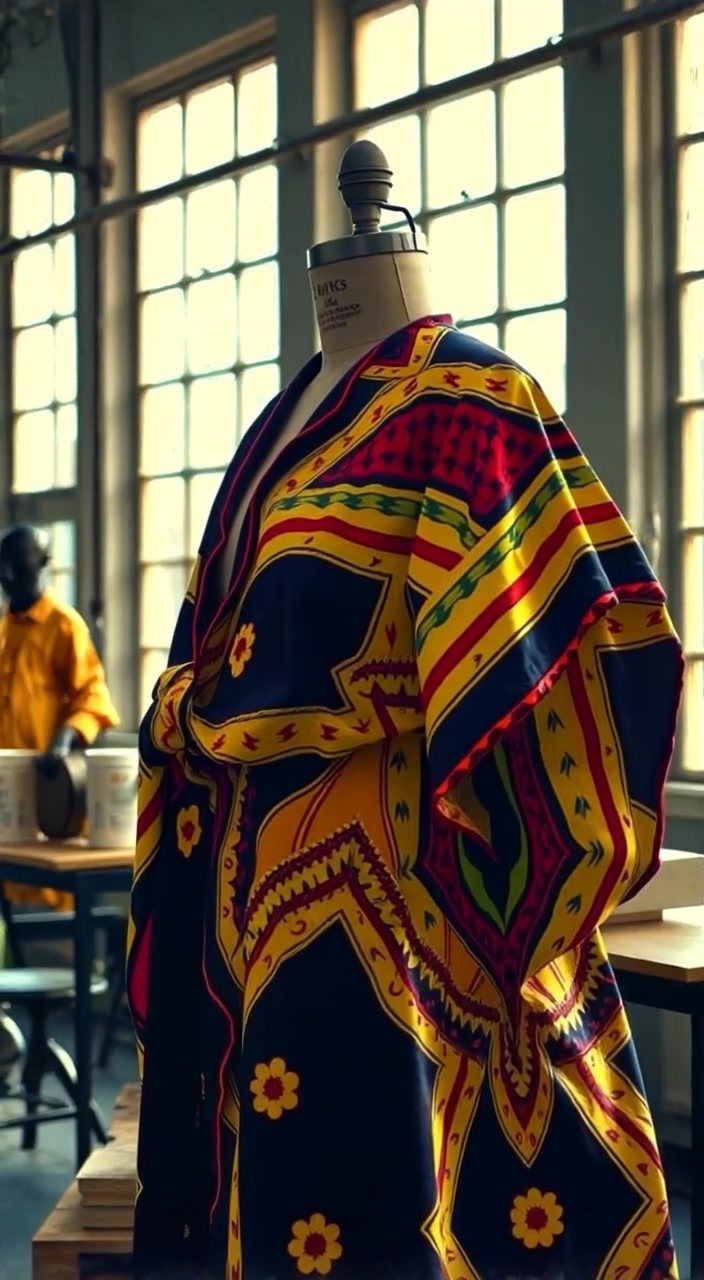 A gentle breeze sways the vibrant fabric of the garment, revealing its intricate patterns and textures on the mannequin.