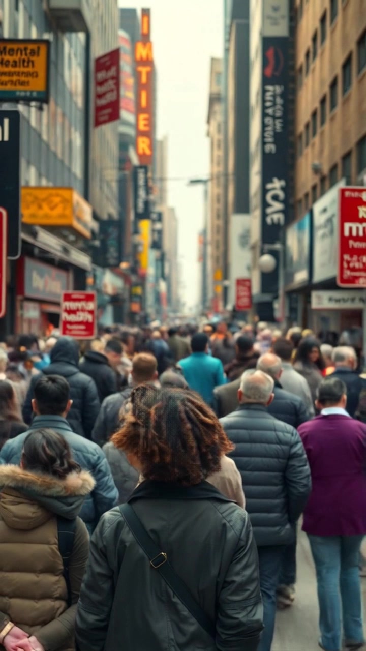 Subject: Diverse group of people on a bustling city street, varied ethnicities, attire, and age groups. Subject movement: People walking at different paces, some stop to read 'Mental Health Awareness' signs. Scene: Urban setting, skyscrapers in the background, street vendors, and colorful billboards. Camera language: Slow push-in shot from a high angle, capturing the dynamic movements of the crowd. Lighting: Soft, diffused natural light of a midday sun. Atmosphere: Busy yet thoughtful, promoting inclusivity and awareness.