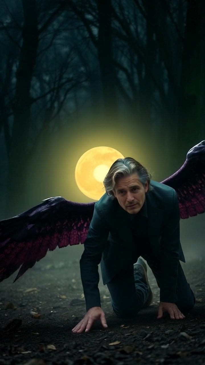 A man with broken wings crawls on the ground in a dark forest. Slowly zoom in on his struggling movements. The dim moonlight filters through the thick canopy, creating a haunting and eerie atmosphere.