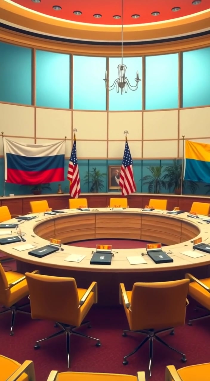 The camera gently pans across the table, capturing the flags of Russia, the United States, and Ukraine.