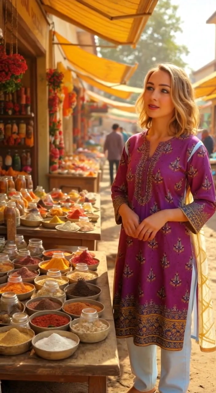 The woman gazes in wonder at the lively marketplace, vibrant stalls swaying gently in the warm breeze.