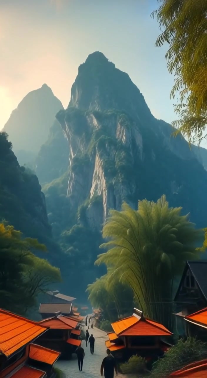 A picturesque small village nestled between tall mountains, with houses made of wood and stone.
