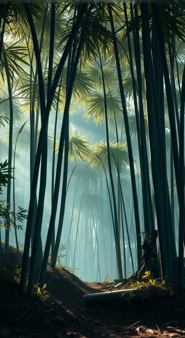 A forested area close to the village, with bamboo trees and a glimpse of a ninja moving stealthily.
