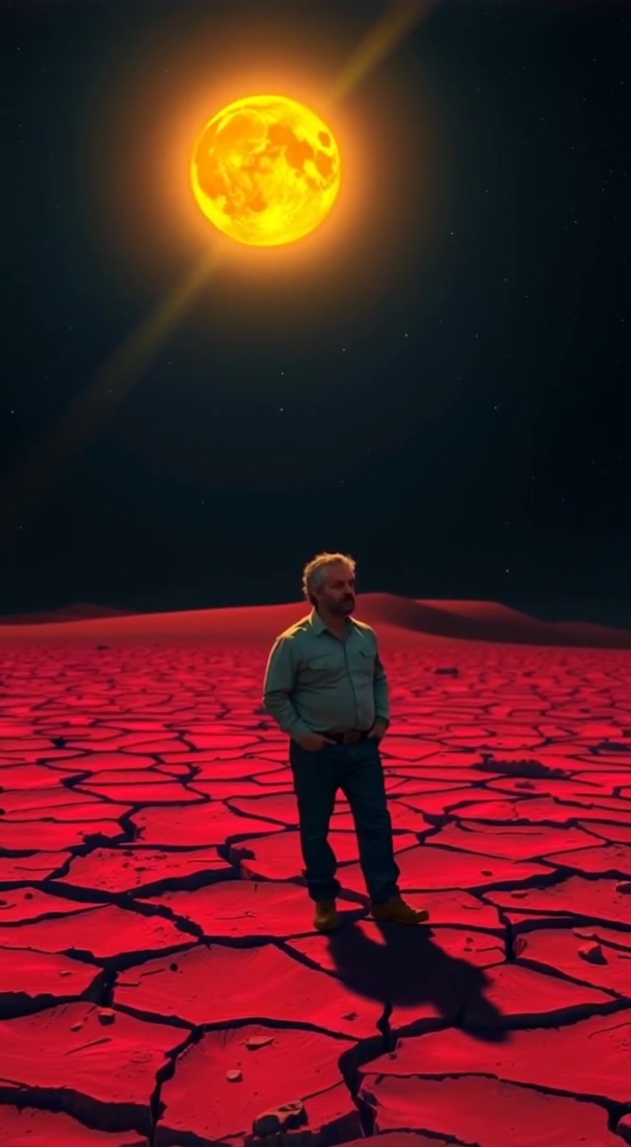 The man gazes thoughtfully across the vast, cracked desert under the intense heat of the blazing sun.