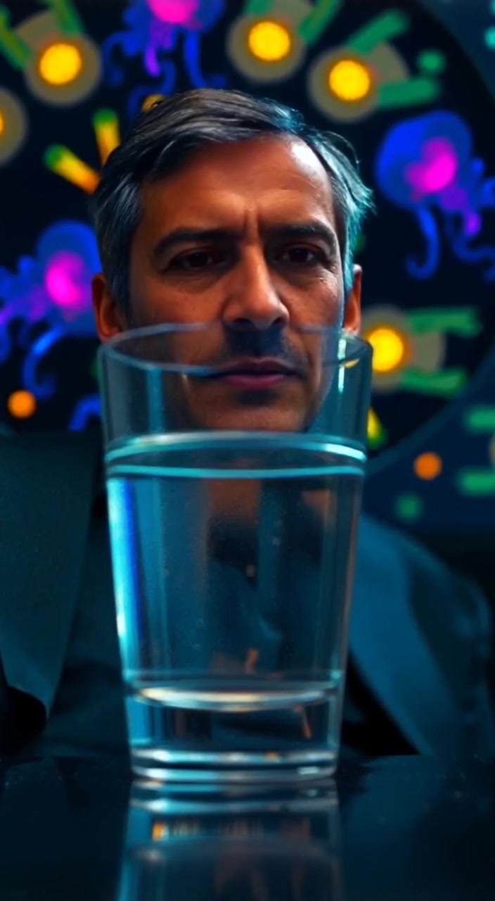 The glass of water ripples gently as a man gazes thoughtfully in the background.
