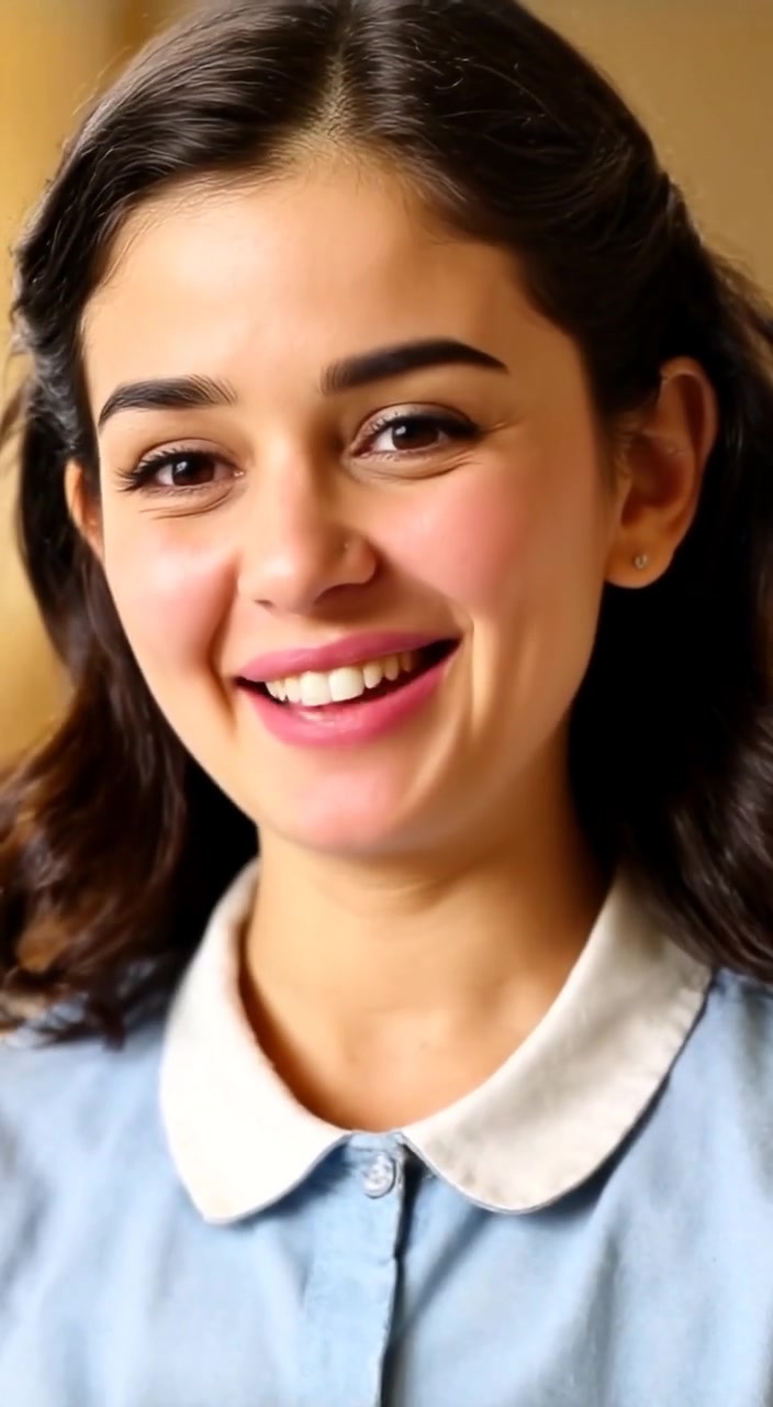 The woman smiles broadly while animatedly speaking, with her classmates softly blurred in the background.