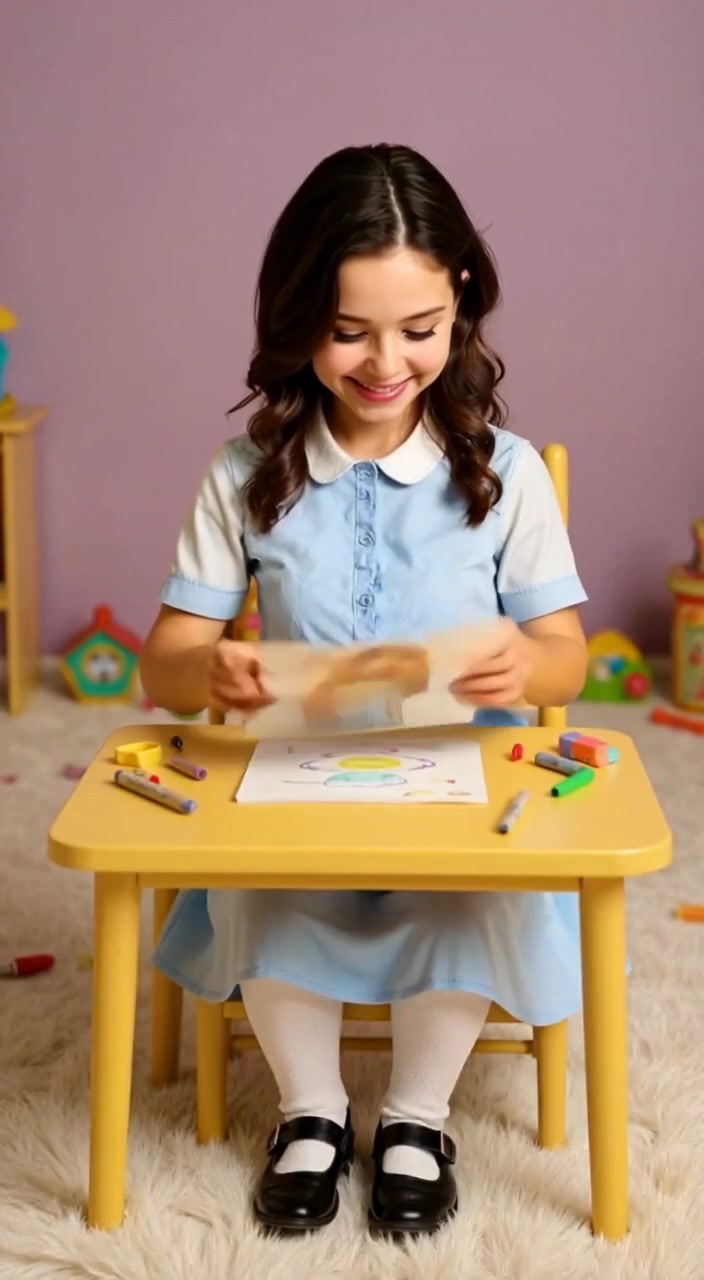 The woman gently places a drawing on the desk, her smile brightening as she admires her artwork.
