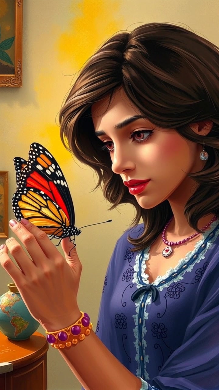 Subject: Mayya observing a butterfly. Subject movement: Mayya leans in closely, her expression a mix of wonder and focus on the butterfly's intricate wings as it flutters gently nearby. Scene: A lush garden full of colorful flowers and greenery, with rays of sunlight filtering through the branches. Style: Soft morning light creating a peaceful atmosphere, with vibrant colors enriching the scene. Motion: The camera performs a slow push-in towards Mayya and the butterfly, capturing the delicate interactions between her gaze and the butterfly's movement.