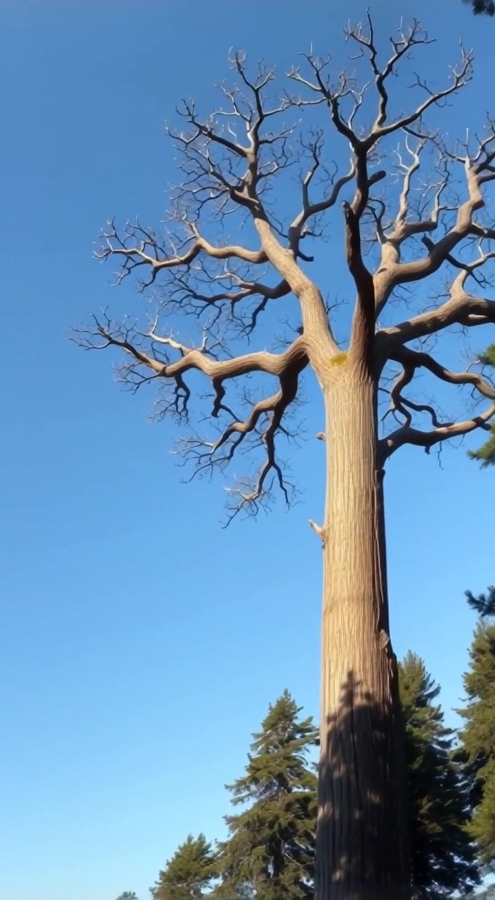 The tree gently sways in the breeze, its branches dancing gracefully against the clear blue sky.