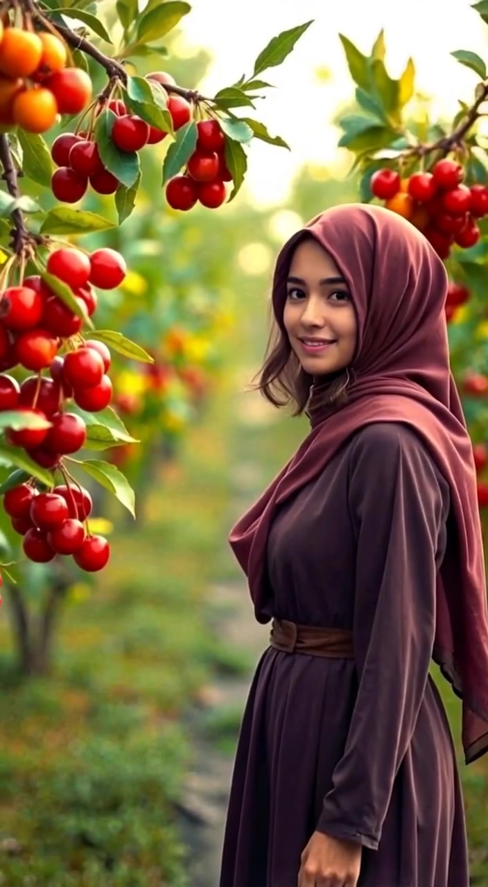 Woman in Hijab Collecting Cherries in Garden
