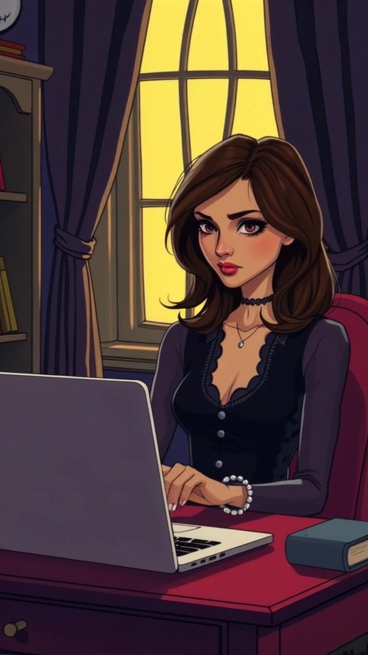 A woman sits at a desk, looking contemplative with a laptop open in front of her as soft light filters in from the window. Slowly dolly in towards her face, capturing the subtle emotions. Soft lighting enhances the atmosphere of introspection.