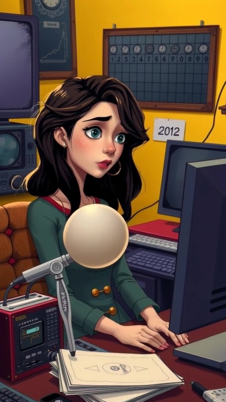A frustrated woman sits at a cluttered desk filled with video equipment, staring at a blank screen. The camera slowly pans in towards her face as she lets out a deep sigh, capturing the tension in the room. Dim lighting creates a somber atmosphere.