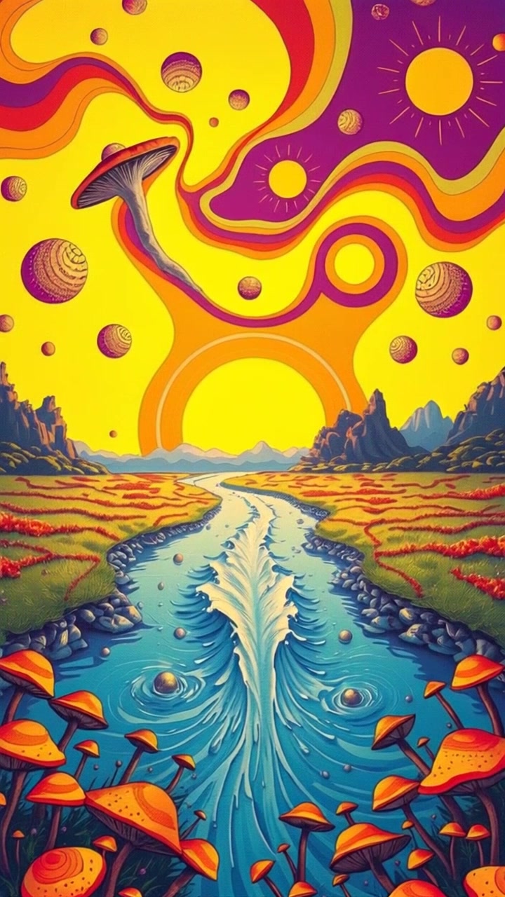 Scene: A serene landscape with a flowing river that extends into the horizon, surrounded by lush greenery and distant hills. Style: Soft, ambient lighting creates a tranquil atmosphere at golden hour. Motion: The camera glides smoothly along the riverbank, capturing the gentle movement of the water and the vibrant colors of the sky as it transitions into the evening.