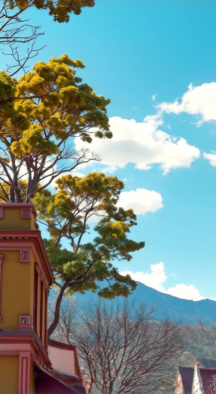 A gentle breeze sways the leaves of trees lining the quiet street of Willow Creek, under a clear blue sky.