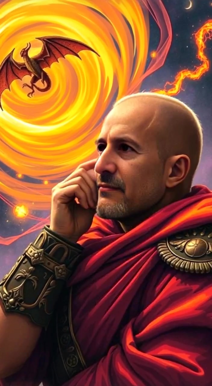 The man gazes intently, swirling energy pulsates around him as he contemplates the fracture of the multiverse.