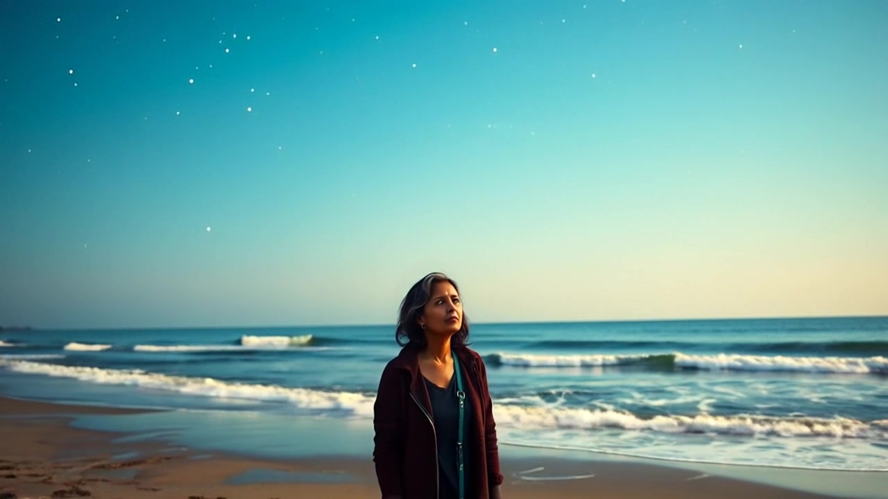 Scene: You standing on the beach at night, gazing up at a clear sky brimming with stars, with gentle waves softly lapping at your feet. Style: Ambient moonlight casting a serene glow over the ocean and sand. Motion: The camera starts with a close-up of the waves at your feet, then slowly pulls back and rises to reveal the vast starry sky above, creating a tranquil and awe-inspiring atmosphere.