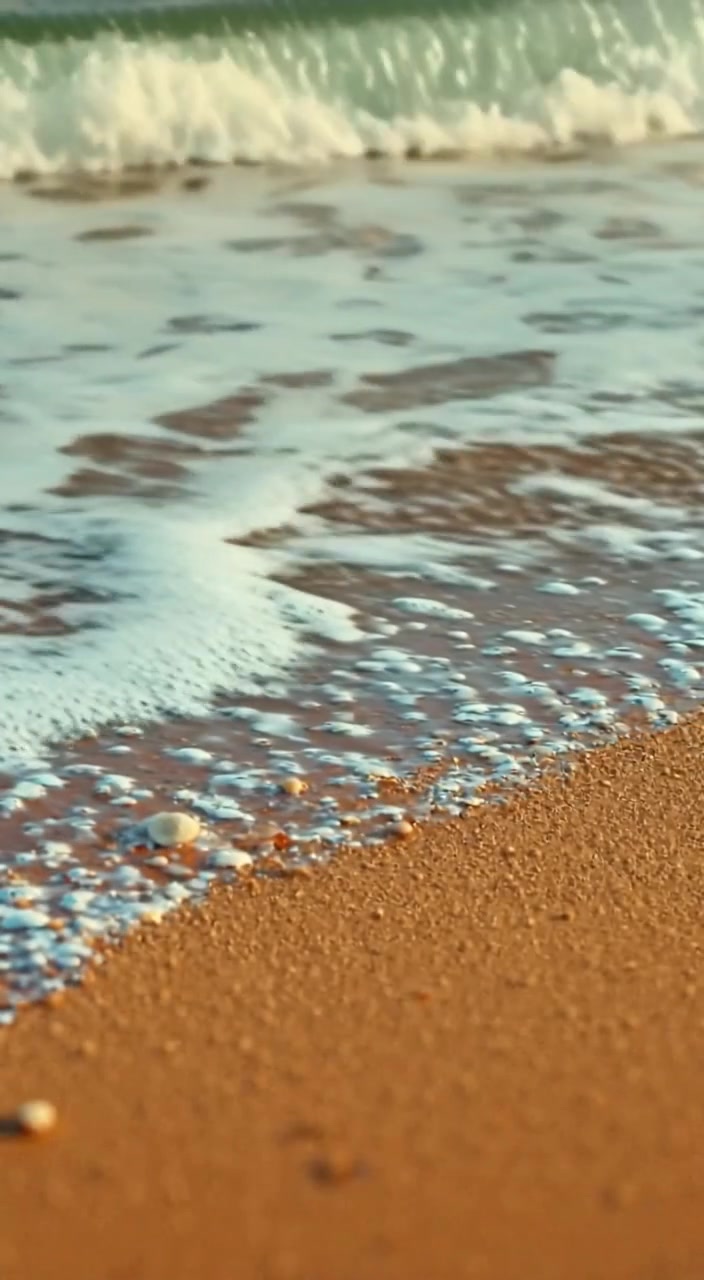 Gentle ocean waves lap against a sandy beach, as small pebbles shift with each splash in the sunlight.