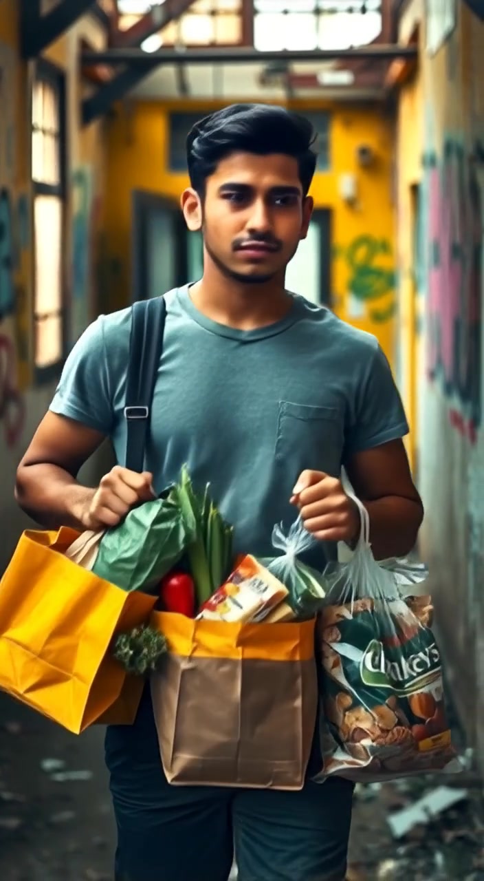 The man walks gently down the street, balancing colorful grocery bags filled with vegetables and snacks.