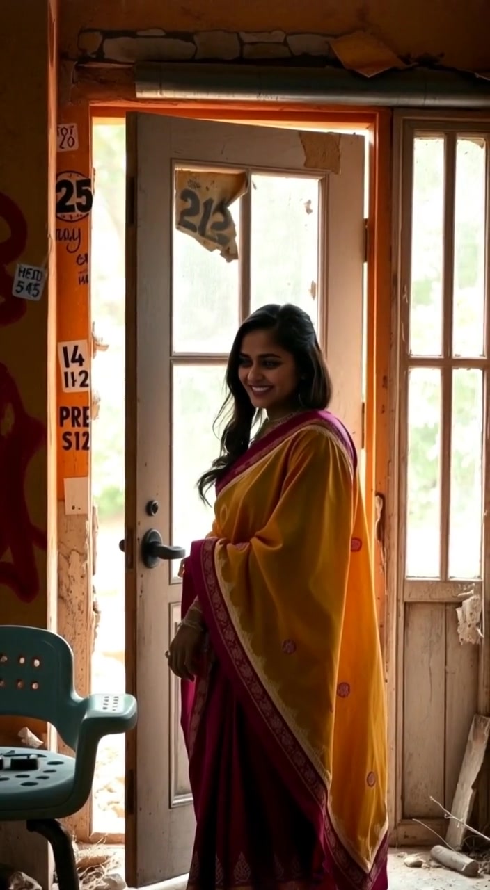 The woman smiles warmly in the doorway, the dupatta gently swaying as she greets her husband.