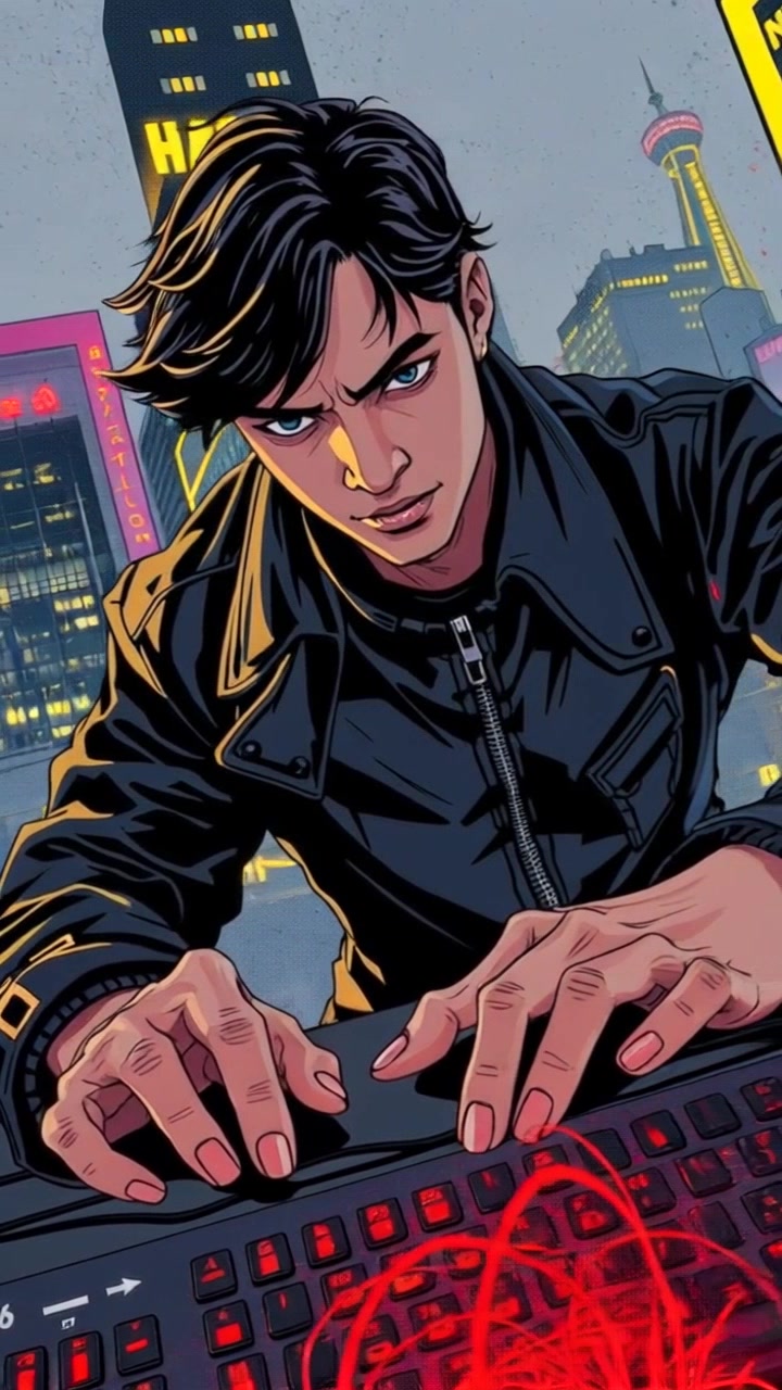 Subject: A hacker with intense focus, hands moving quickly over a keyboard with determination. Description: Build: Slim, Hairstyle and color: Short, dark hair, Clothing: Casual but sleek, Facial features: Concentrated expression. Subject Movement: Quick and purposeful typing on the keyboard. Scene: Urban cityscape with bright lights and bustling activity, reflecting in the background. Camera Language: Dynamic dolly shot circling the hacker, capturing the fast-paced energy. Lighting: Neon-lit with a mix of artificial city lights. Atmosphere: Intense, fast-paced, high-tech.
