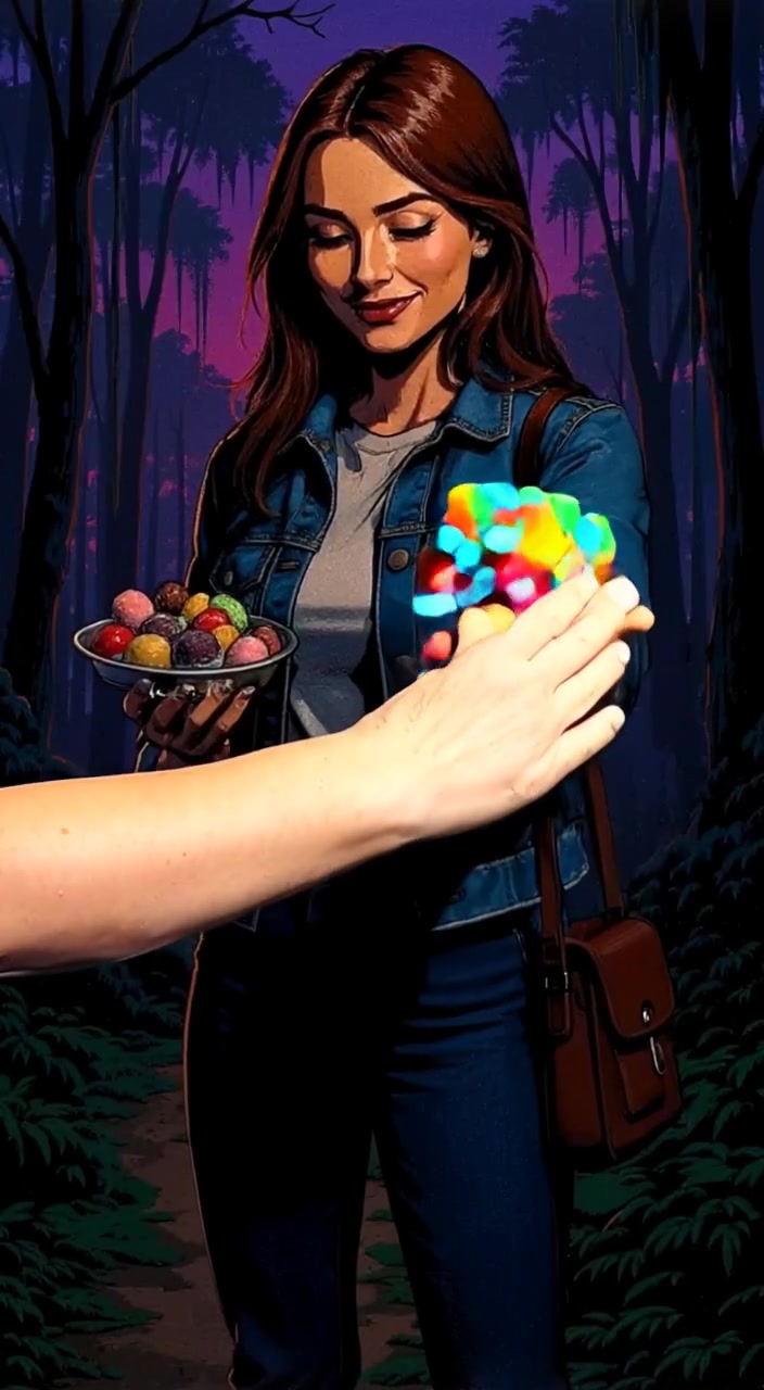 The woman gently sways her hand, letting colorful sweets cascade between her fingers, creating a vibrant display.