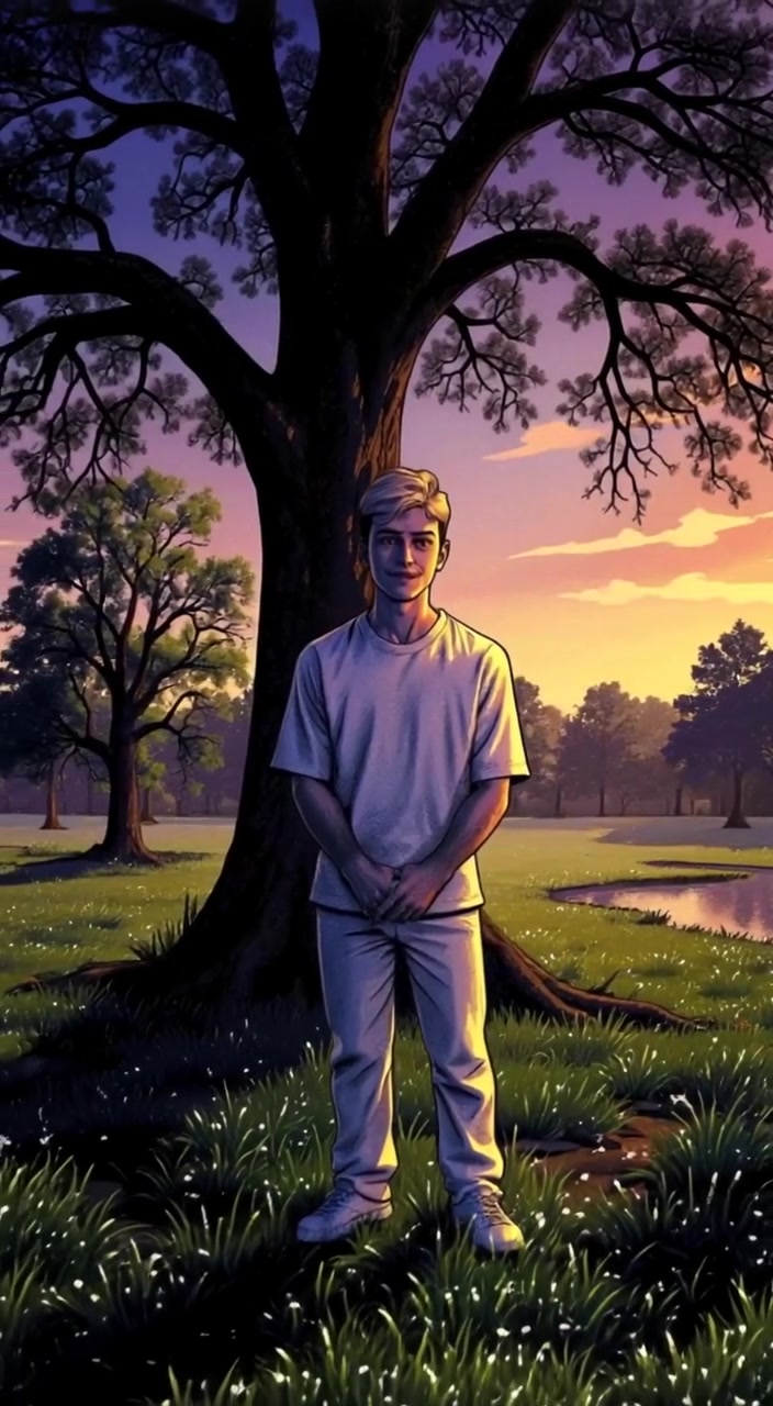 The boy gently sways in the breeze beneath the large tree, sunbeams flickering through the leaves above.