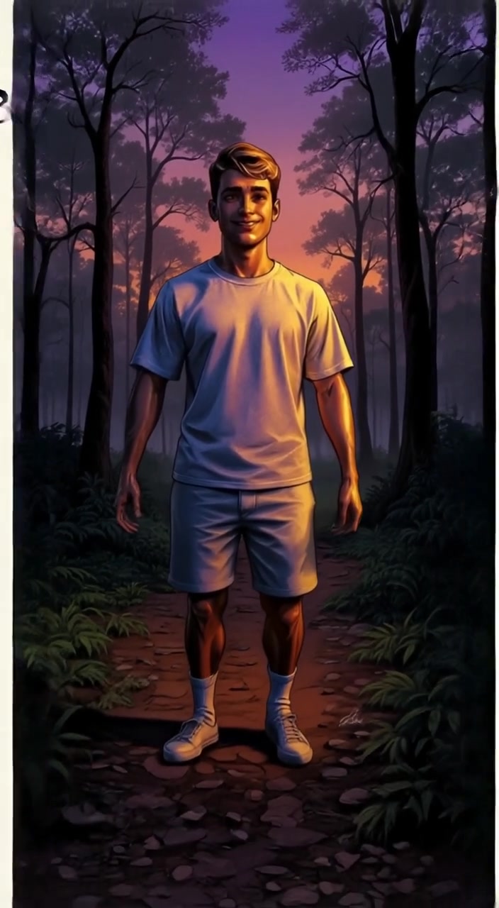 The boy gently fades into the air, leaving a lingering smile as he vanishes into the soft backdrop.
