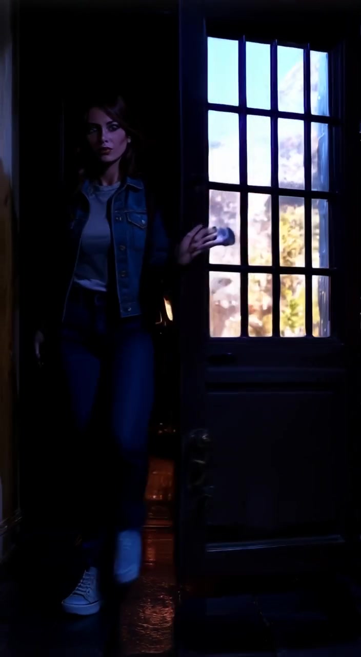 The woman slowly opens a creaky door, revealing a dark hallway beyond, with flickering shadows dancing on the walls.