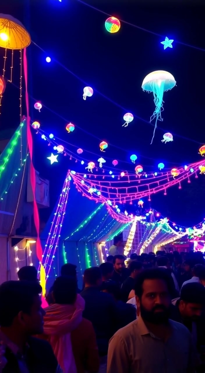 Colorful lights flicker as the crowd joyfully dances, celebrating Janmashtami under the vibrant decorations.