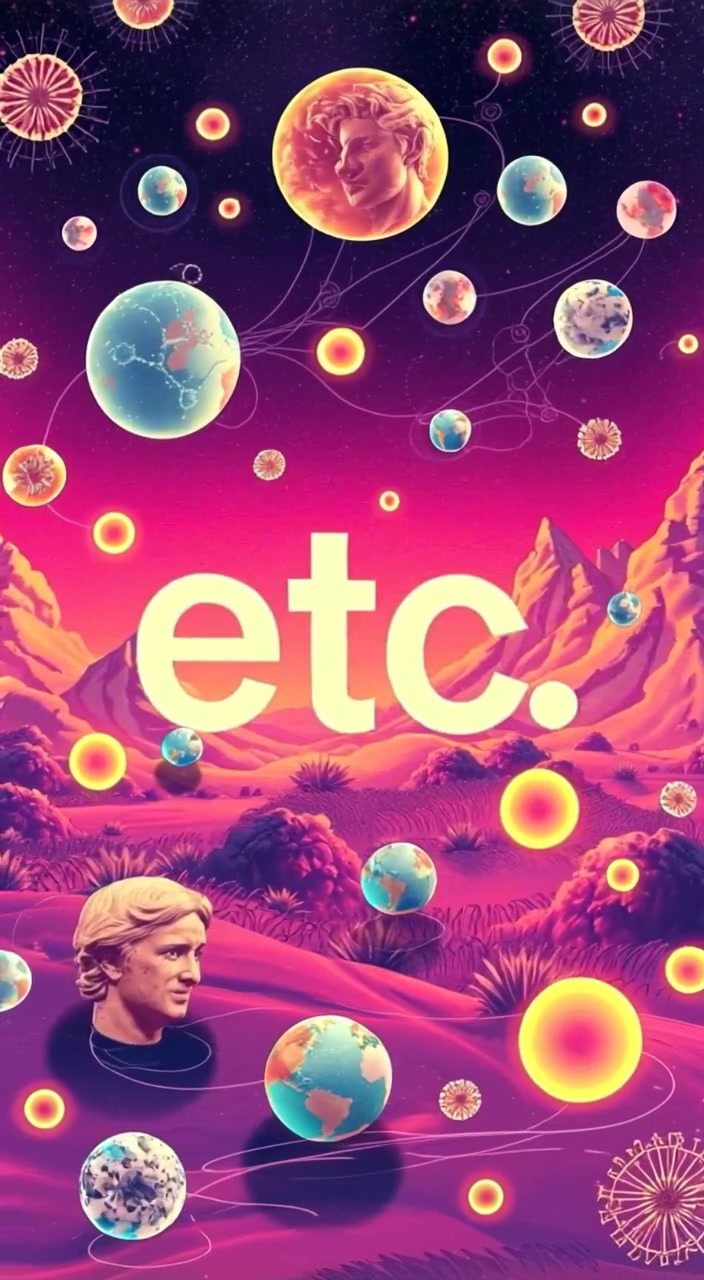 Particles of light dance around the word 'etc.' as colorful proteins gently pulse and shift in the background.