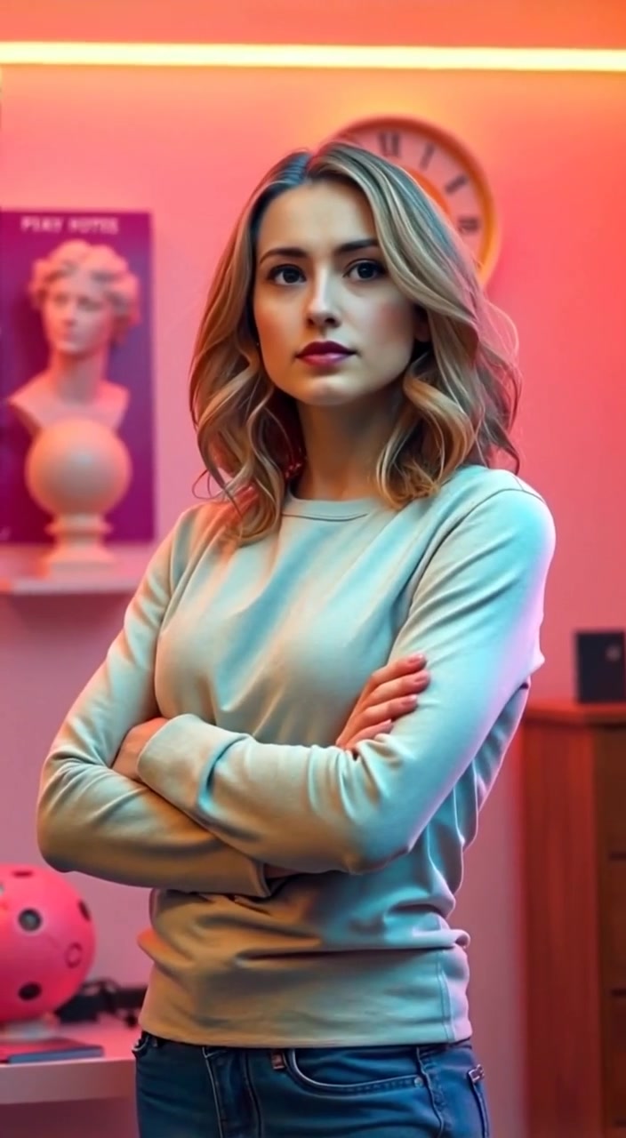 The woman slowly uncrosses her arms, taking a deep breath as she looks around the room.