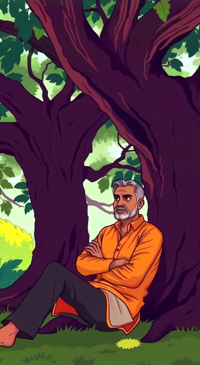 The man gazes upward as light gently filters through the leaves above, creating a serene atmosphere.