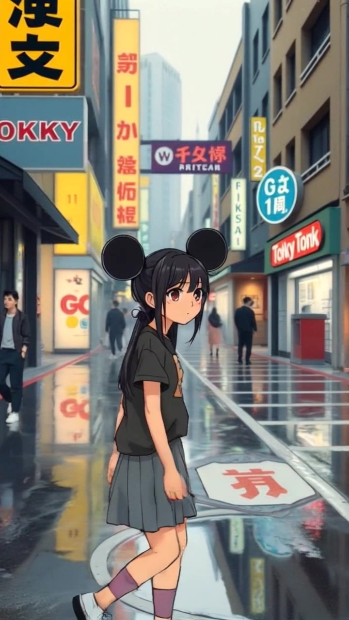 Subject: A figure walks through the rain-soaked streets of Tokyo. Subject movement: Akari strolls confidently, her footsteps creating soft splashes in the puddles. Scene: Vibrant Tokyo nightlife with neon lights reflecting on the wet pavement. Style: Ambient, colorful neon glow illuminating the surroundings. Motion: Camera follows her with a smooth dolly shot, capturing the cityscape's shimmering reflections as she moves through the lively streets.