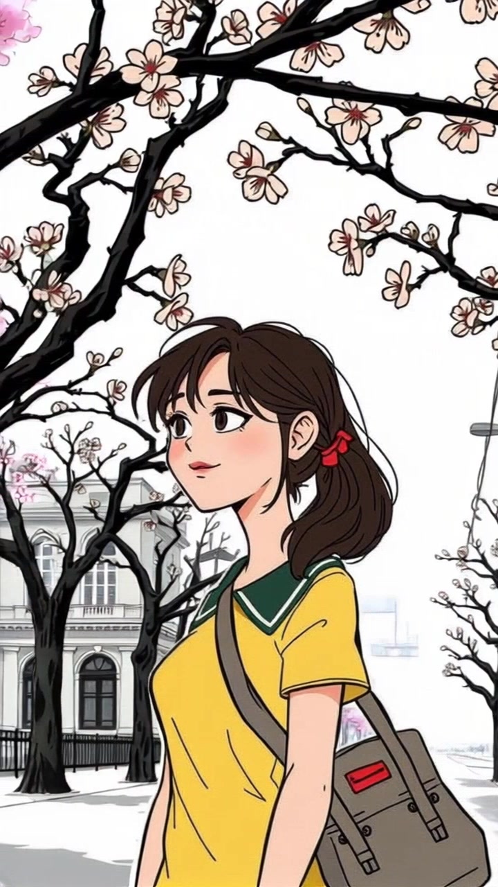 Subject: A person named Akari pauses in an urban setting. Subject movement: Akari gazes thoughtfully at the blossoming cherry blossom trees. Scene: Cherry blossom trees unexpectedly blooming among city buildings, creating a stunning contrast in the urban landscape. Style: Soft, ambient light filtering through the pastel blossoms, creating a serene atmosphere. Motion: The camera slowly moves around Akari, capturing her contemplative expression and the vibrant pink flowers swaying gently in the breeze.
