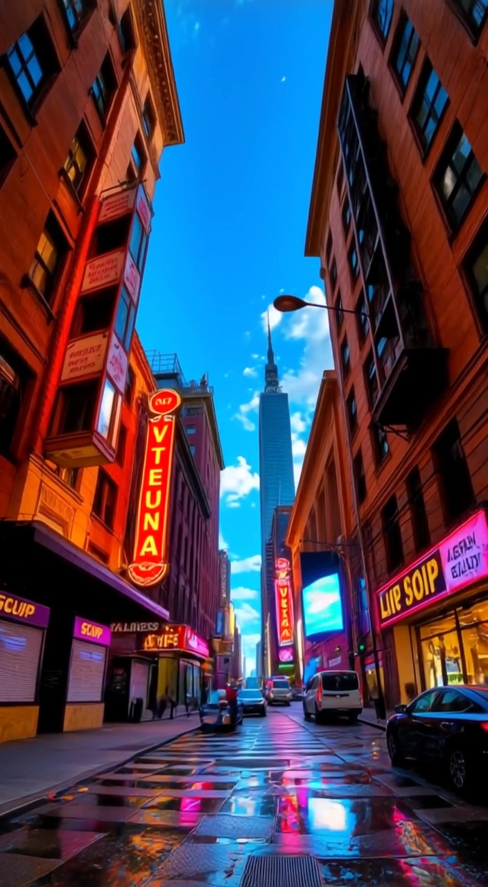 A gentle breeze moves through the city, rustling leaves and revealing glimpses of a clear blue sky above.