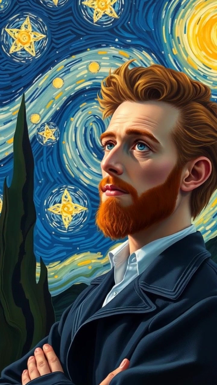 Scene: Vincent van Gogh standing outdoors, gazing contemplatively at the swirling starry night sky, surrounded by a quiet landscape. Style: The scene is bathed in soft moonlight, creating a serene yet melancholic atmosphere. Motion: The camera slowly pushes in on van Gogh's face, capturing the emotion in his expression, while the clouds and stars shift above, enhancing the sense of wonder and resignation.