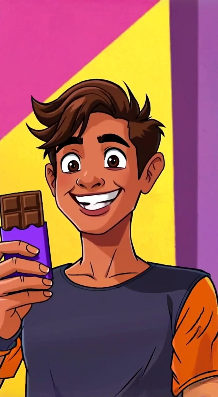 The boy joyfully waves the chocolate bar in his hand while smiling broadly at the camera.