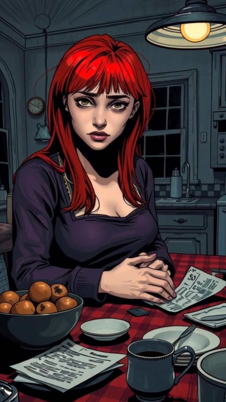 Scene: A cluttered kitchen, with bills and empty dishes scattered across the table, embodying a gloomy atmosphere. Style: Dim, moody lighting illuminating the kitchen's disarray. Motion: The camera gently pushes in on the stepmother's furrowed brow, capturing her intense expression as the tension in the room deepens.