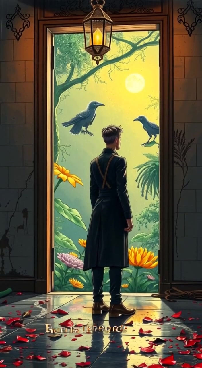 The narrator takes a slow step forward, eyes wide, into the vibrant, surreal world filled with strange plants and creatures.