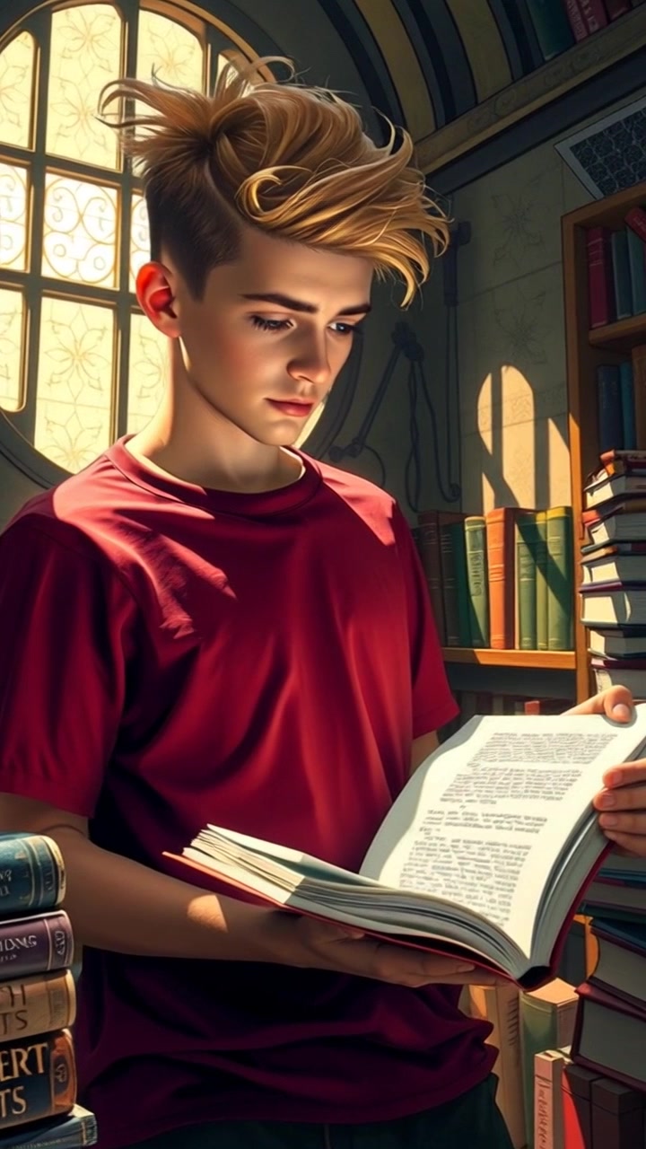 Subject: A teenager immersed in a sunlit room filled with books. Subject movement: The teenager leans closer, curiously studying the open book in front of him. Scene: Bright, inviting room adorned with shelves overflowing with books, sunlight streaming through the window, creating a cozy atmosphere. Style: Warm, natural lighting highlights the textures of the pages and the wooden furniture. Motion: Camera slowly pushes in to capture the intricate details of the book and the teenager's expressions, while soft ambient sounds of rustling pages enhance the serene mood.