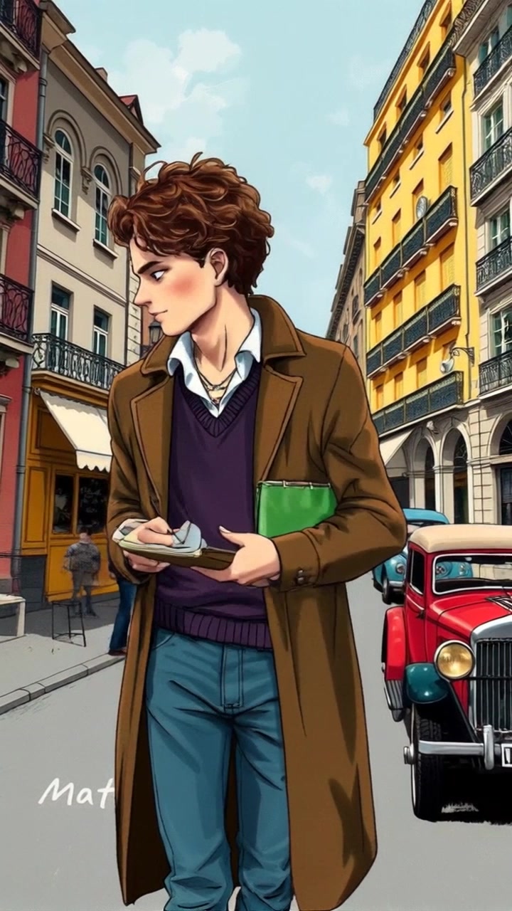Subject: Pablo Picasso walking briskly along a bustling Paris street in 1911, sketchbook in hand. Scene: Vibrant street filled with old buildings and vintage cars, with cobblestones glistening under the morning light. Motion: The camera follows Picasso from a medium shot, capturing his confident strides as he pauses occasionally to quickly jot down ideas, while the surrounding atmosphere buzzes with the energy of the city.