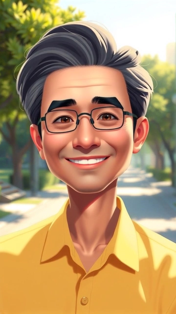 Si Kakek stands confidently in a sunlit park, smiling at the camera. Slowly push in on him, accentuating his friendly demeanor. The sunlight creates a warm and inviting atmosphere, highlighting his joyful expression.