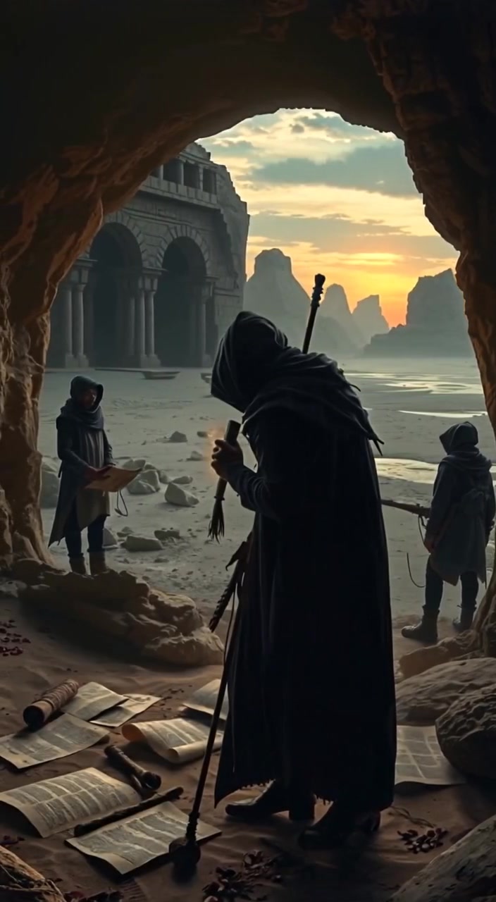 The archaeologist carefully brushes dust off ancient scrolls in the dim light of the cave.