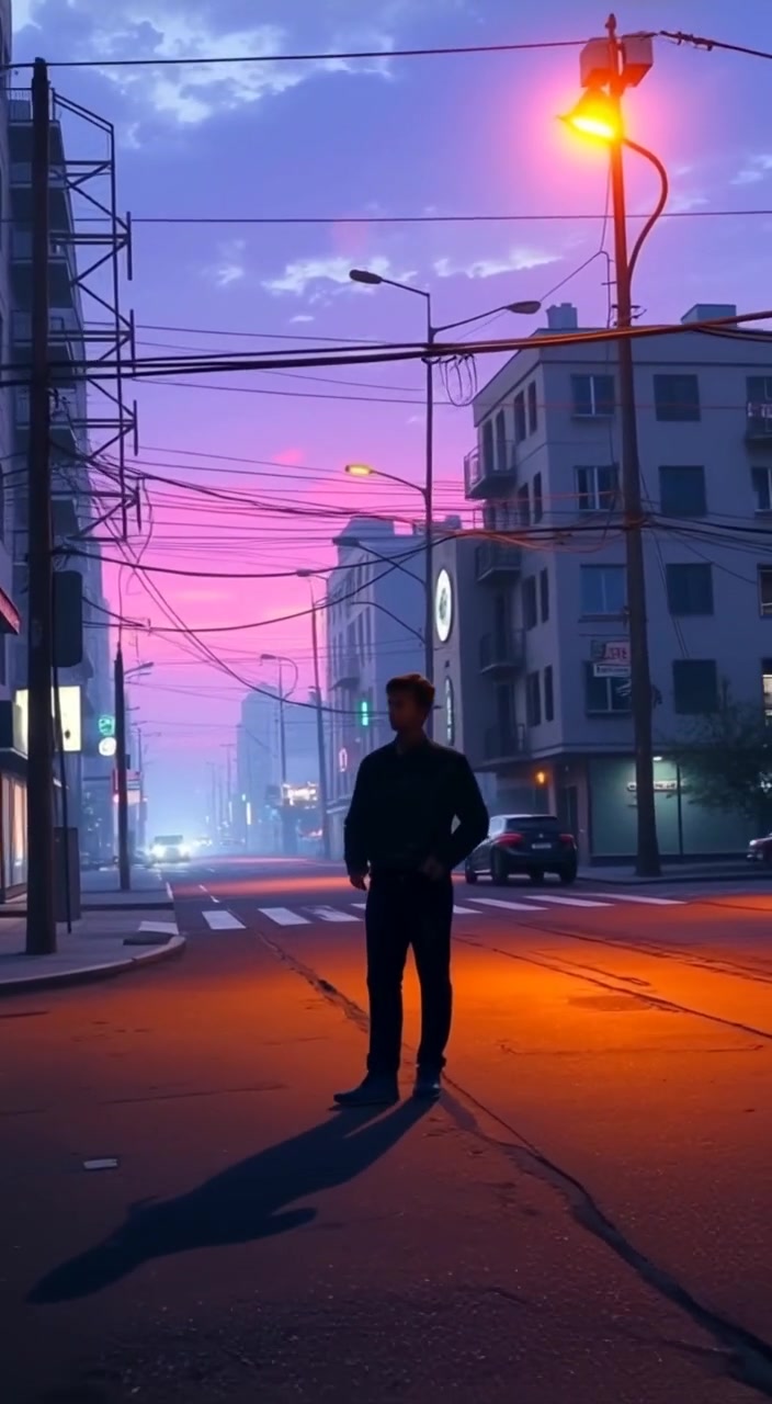 The man gently looks up, observing the fading light as shadows stretch across the quiet street.