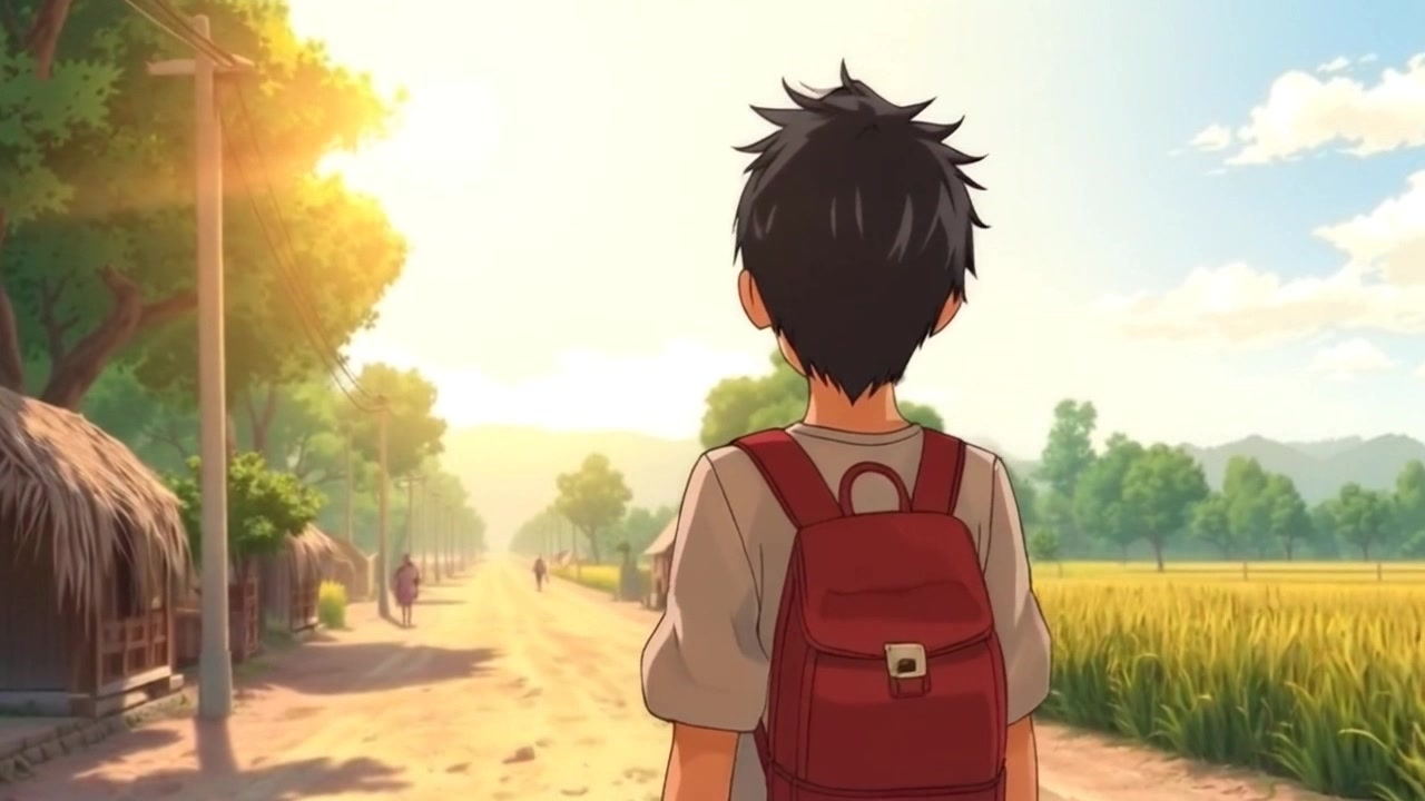 Tara walking along a tree-lined street, wearing a backpack, with a sunny sky overhead.