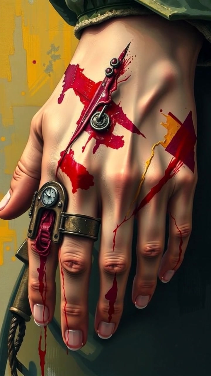 Scene: Close-up of a knight's hands, scarred and caked with dirt, showing the effects of intense battle. Style: Dramatic, low-key lighting emphasizes the texture and details of the injuries. Motion: Camera slowly pushes in to capture the subtle tremors of the knight’s hands as they clench into a fist, reflecting both the pain and resolve.