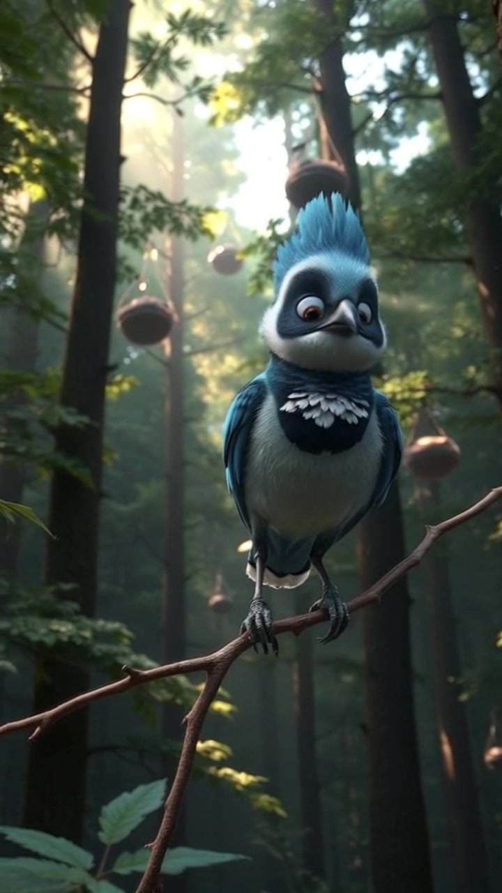 Kiki, a small bird, perched on a branch, looking around anxiously in a dense forest.