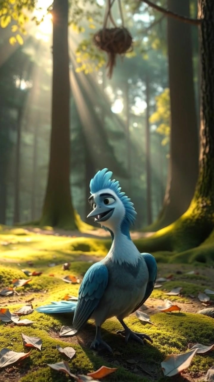 Kiki, the small bird with bright blue crest and white face, is on the ground looking up after falling from her nest in a tree.